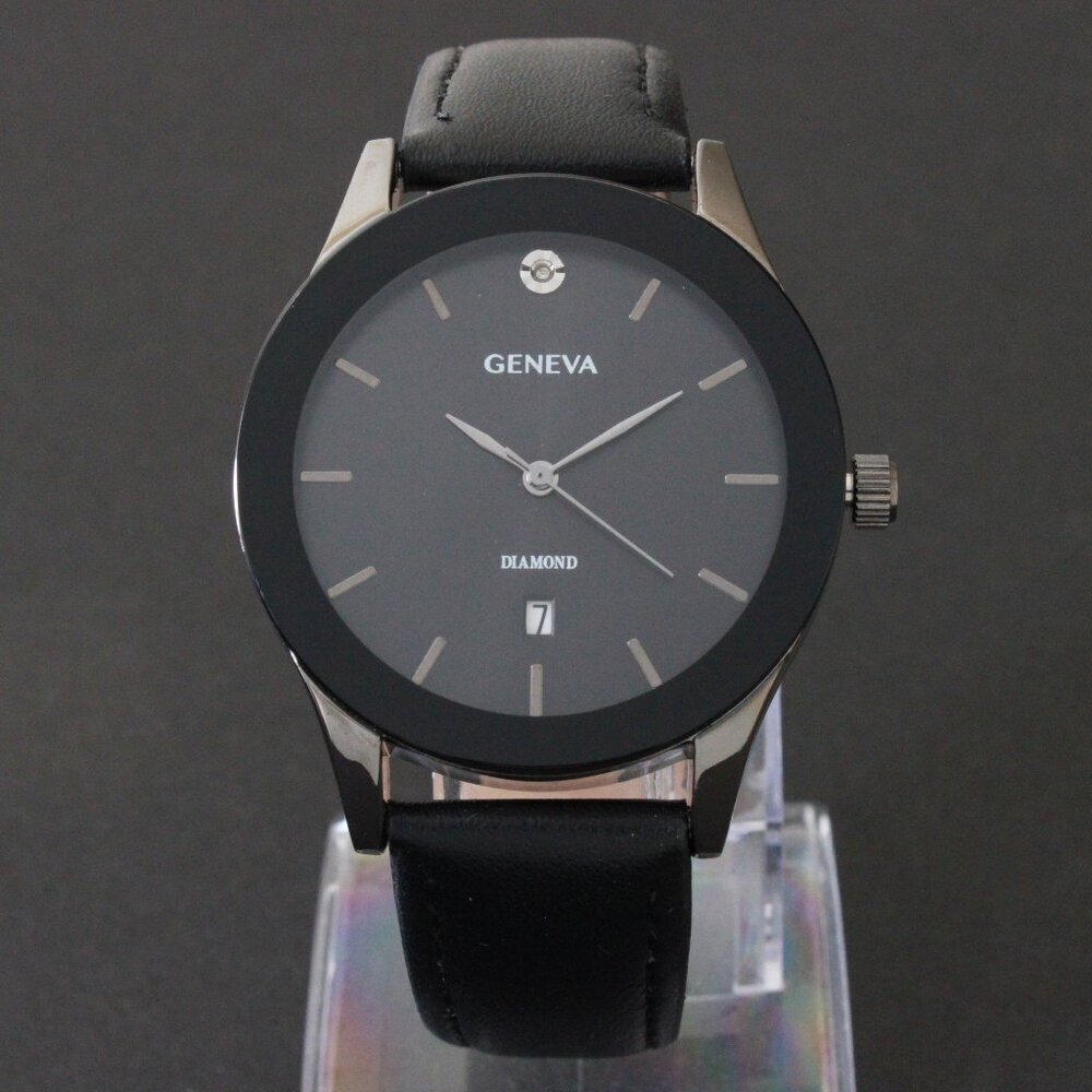 Geneva Men's Dress Watch Diamond At 12 Blacked Out Leather Strap 42mm - Picture 3 of 13